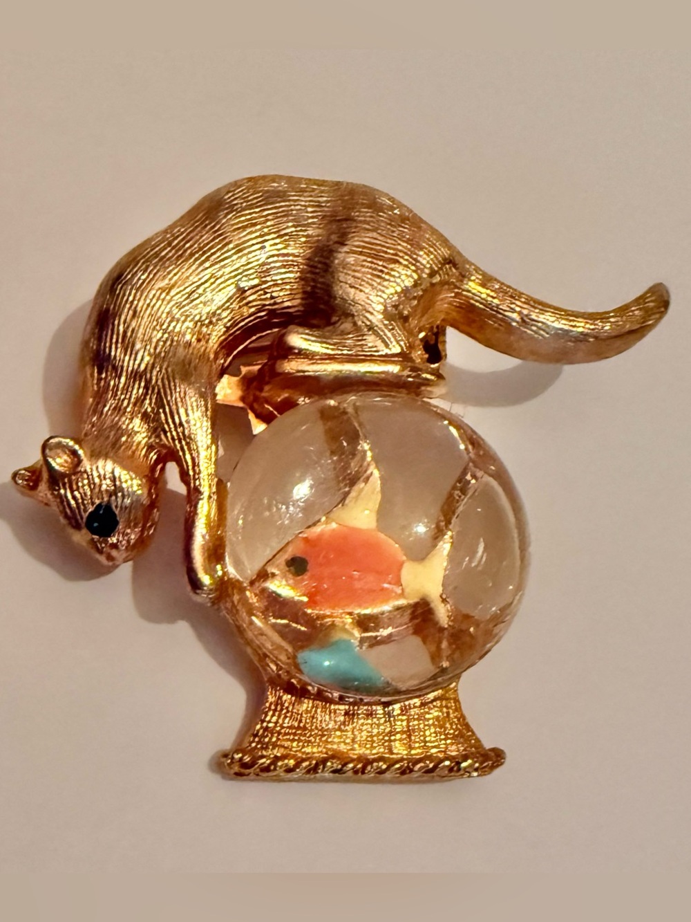 Rare Vintage Gold Crown Signature Cat & Fish Brooch